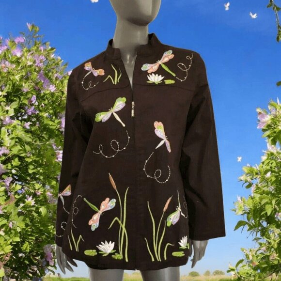 Quacker Factory Jacket Dragonfly Embroidered Black Coat Stretch Denium Medium - Picture 1 of 8
